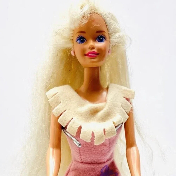 Mattel Other - MATTEL BARBIE Doll Long Blond Hair Purple Eyes Pink Dress 12" Tall